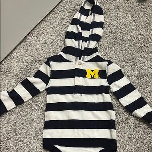 Striped Hooded Baby Onesie with Michigan Logo 18 months